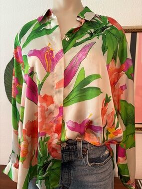 Zara Floral Satin Shirt in Green, Pink, Orange